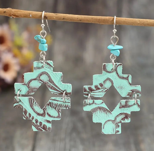 Boho turquoise leather earrings