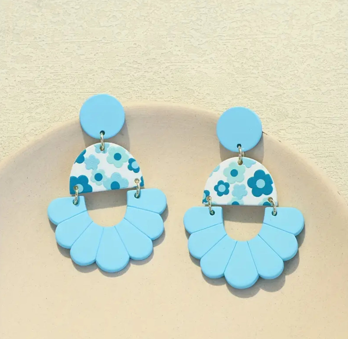 Blue dangle floral stud earrings